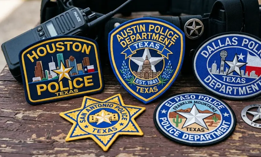 Texas Police patches kept on a wooden bench
