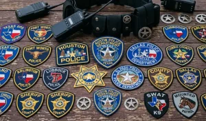 Texas Police patches laid out on a wooden bench for display