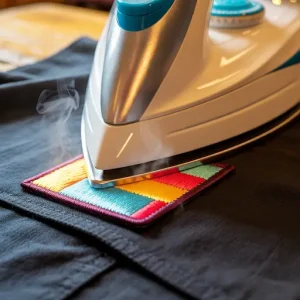 iron pressing down on a patch against a denim jacket